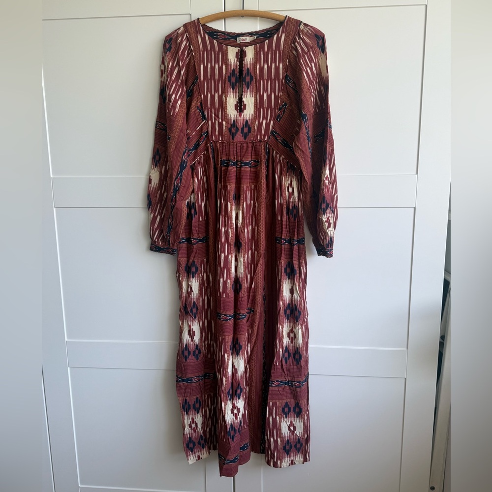 Faherty Bohemian Long Sleeve Maxi Dress in Rust Print Brand New